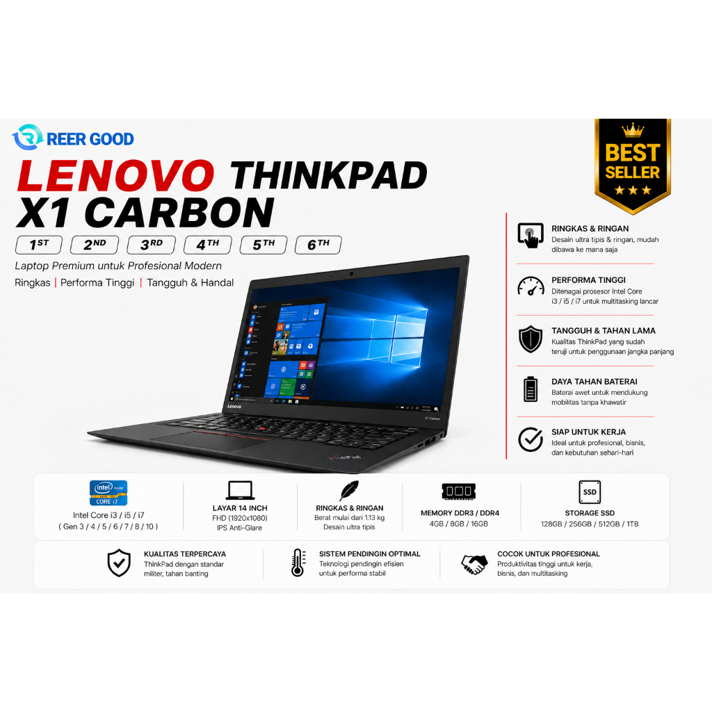 Laptop Lenovo Thinkpad X1 Carbon 6th 7th 9th Gen i7 Generasi 8 X1 EXTREME SECOND BERKUALITAS DAN BER