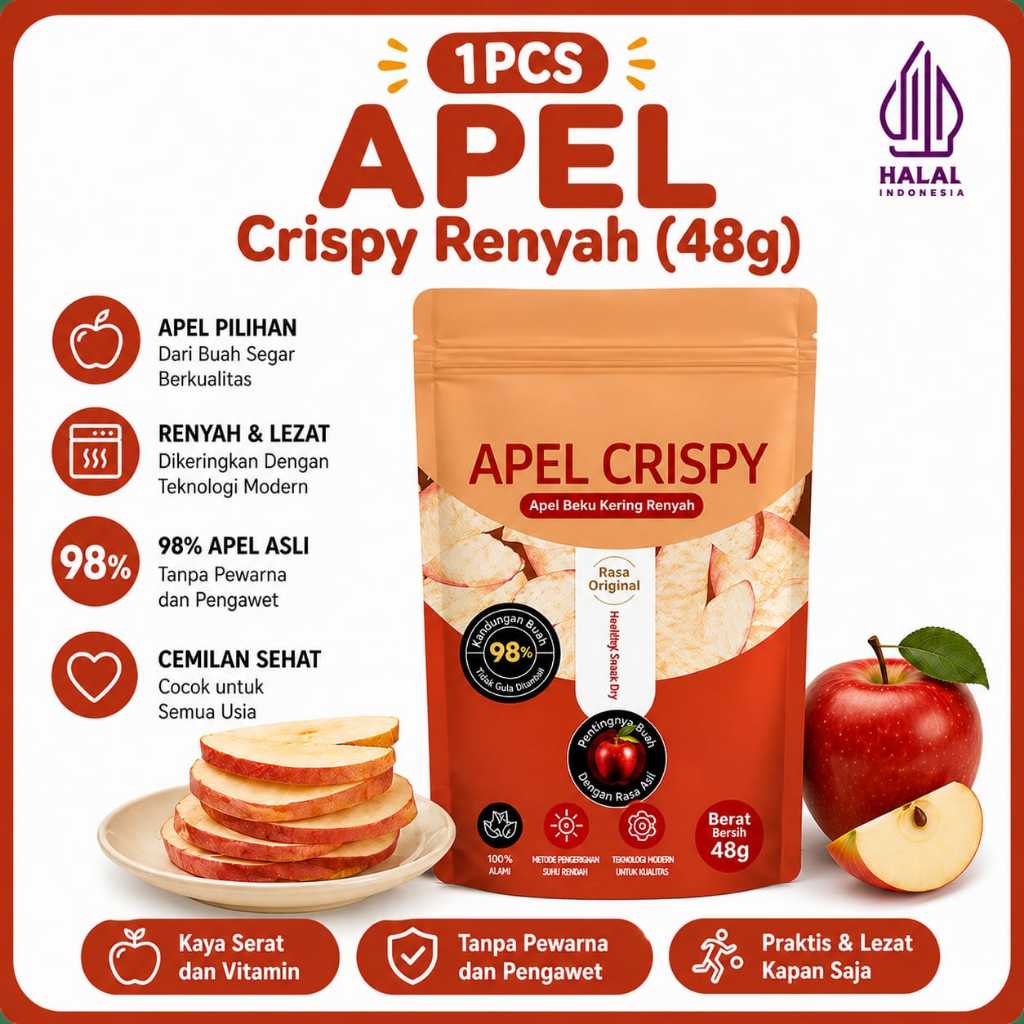 Luckymore HALAL Apel Beku Kering Renyah 48gr- Buah Beku Kering, 100% Alami, camilan sehat