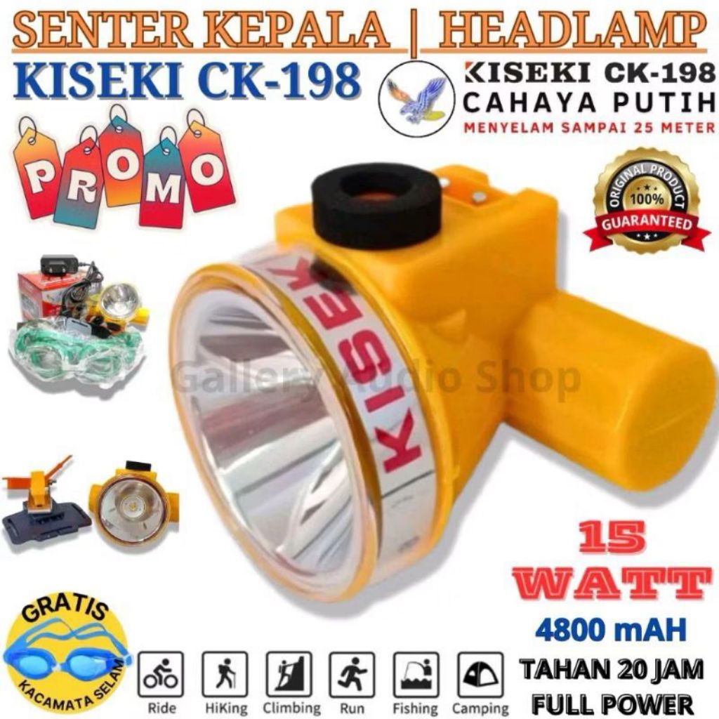￼Senter Kepala Selam KISEKI CK-198 15 Watt Original | Senter Kepala Super Terang Anti Air Cas Rechar