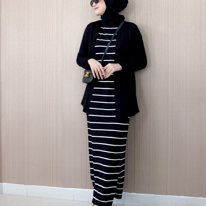 Long Dress Rajut Stripe Salur Size M-L-XL Basic Inner Span Tanpa Lengan