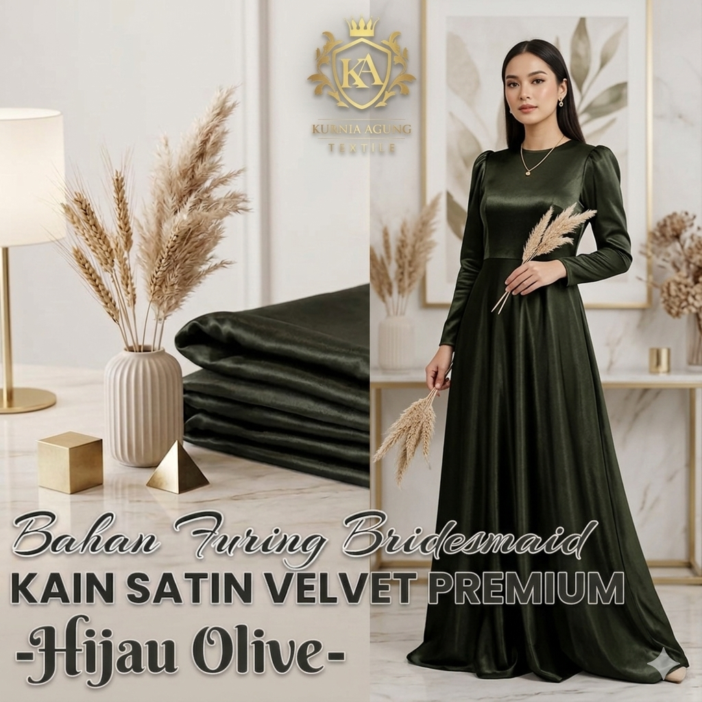 1 Meter Kain Satin Velvet Silk Warna HIJAU OLIVE Lebar 150cm Bahan Furing Bridesmaid
