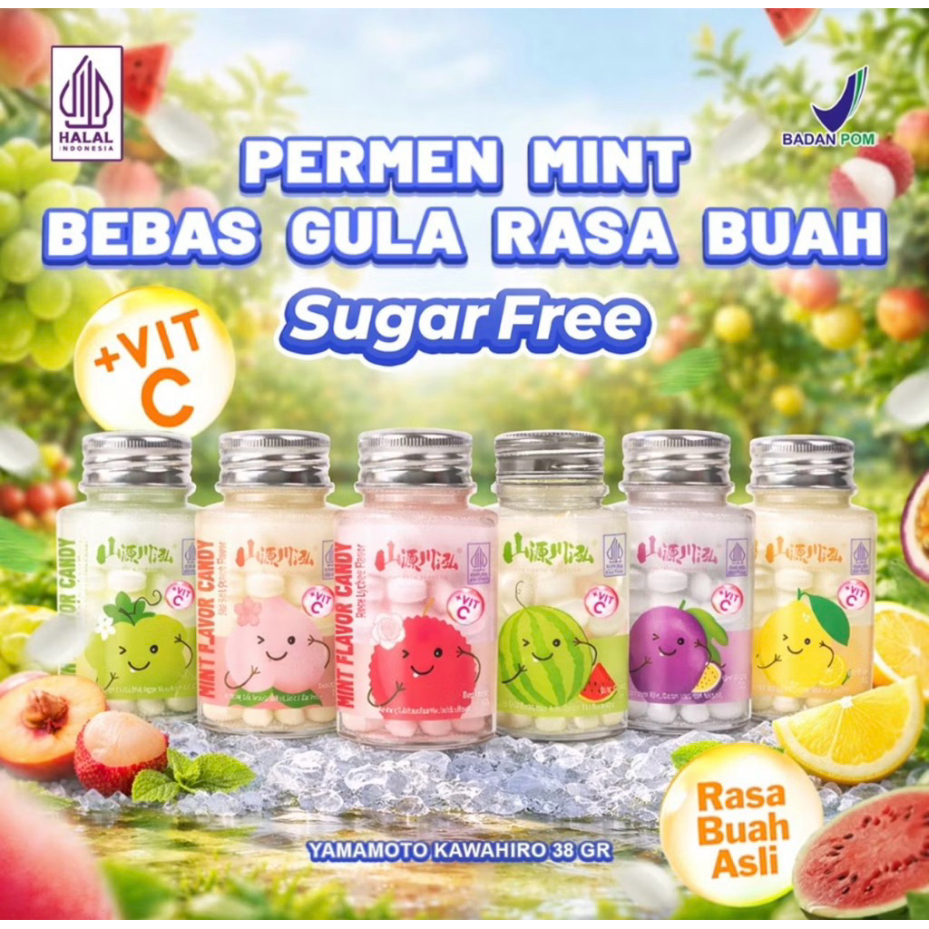Yamamoto kawahiro Permen Mint Tanpa Gula 38gr - Rasa Buah Segar Halal BPOM Bikin Nafas Segar Bebas G