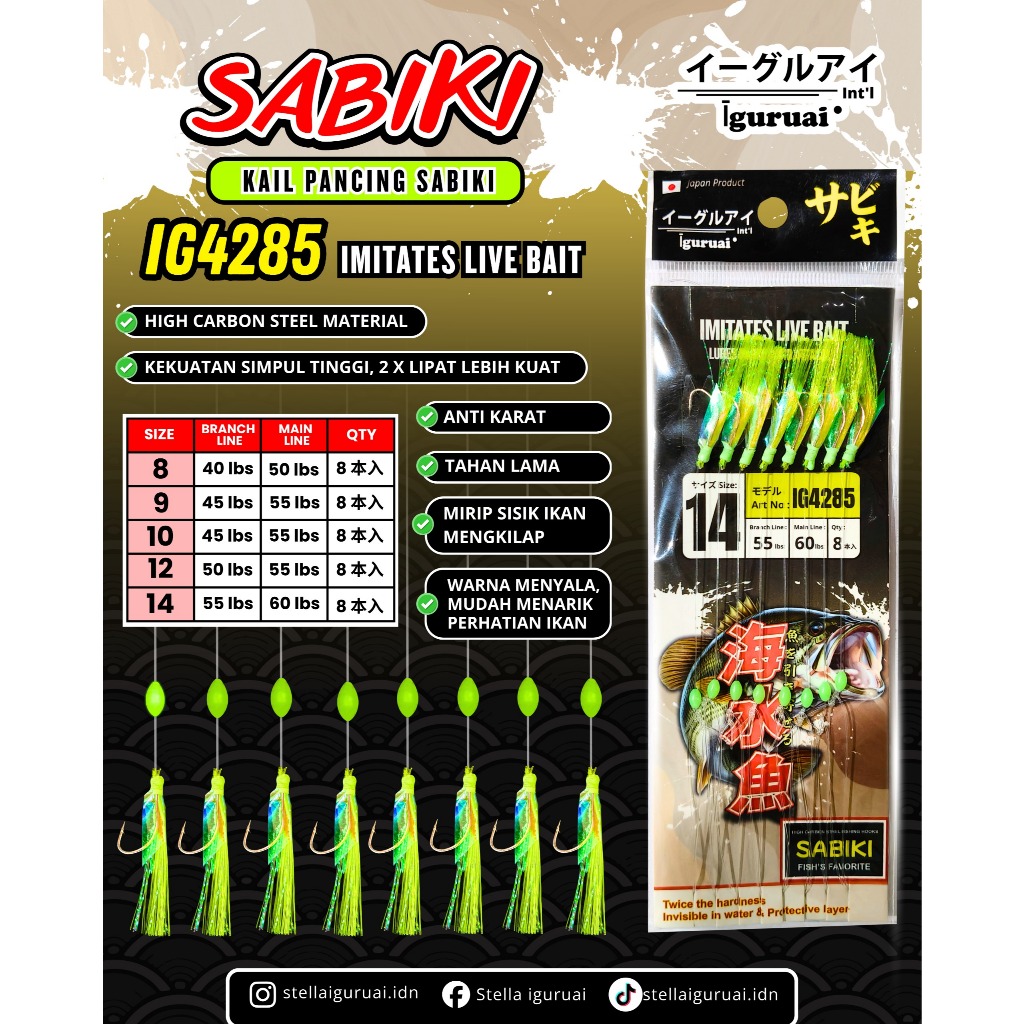 Pancing Sabiki Iguruai IG4285 - Umpan Tiruan Hijau Glow, Anti Karat, High Carbon Steel, 8 Mata Kail 