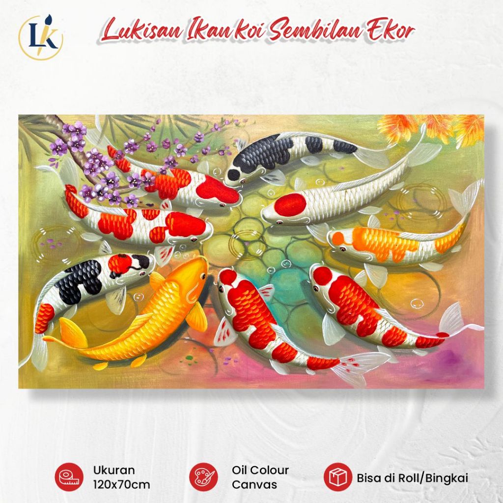 Lukisan Kanvas - Lukisan Ikan Koi dan Arwana 120x70cm Handmade Hiasan Dinding Ruang Tamu