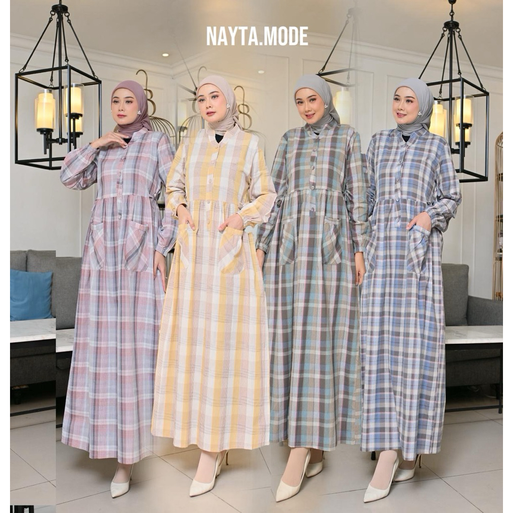 Nayta - Gamis Triset Premium Wanita | Gamis Triset Premium Motif Kotak | Gamis Triset | Gamis Kotak-