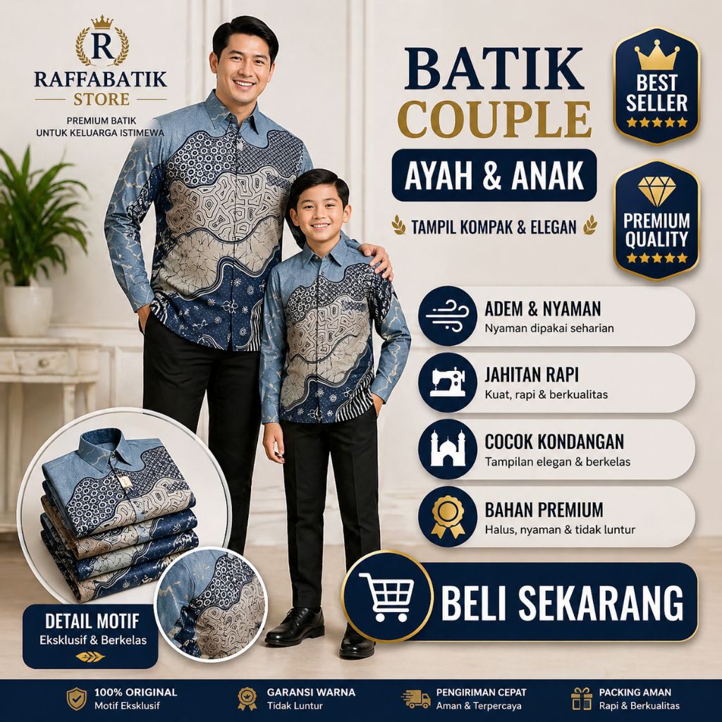 kemeja batik couple premium ayah anak abu denim motif raja ampat bahan halus elegan