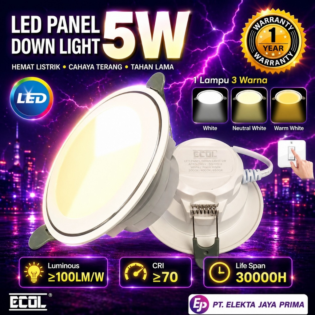 LIGHTRONIC Lampu Downlight LED 5W 3 Warna Tricolor Bulat Lampu Panel LED Lampu Plafon Terang Hemat L