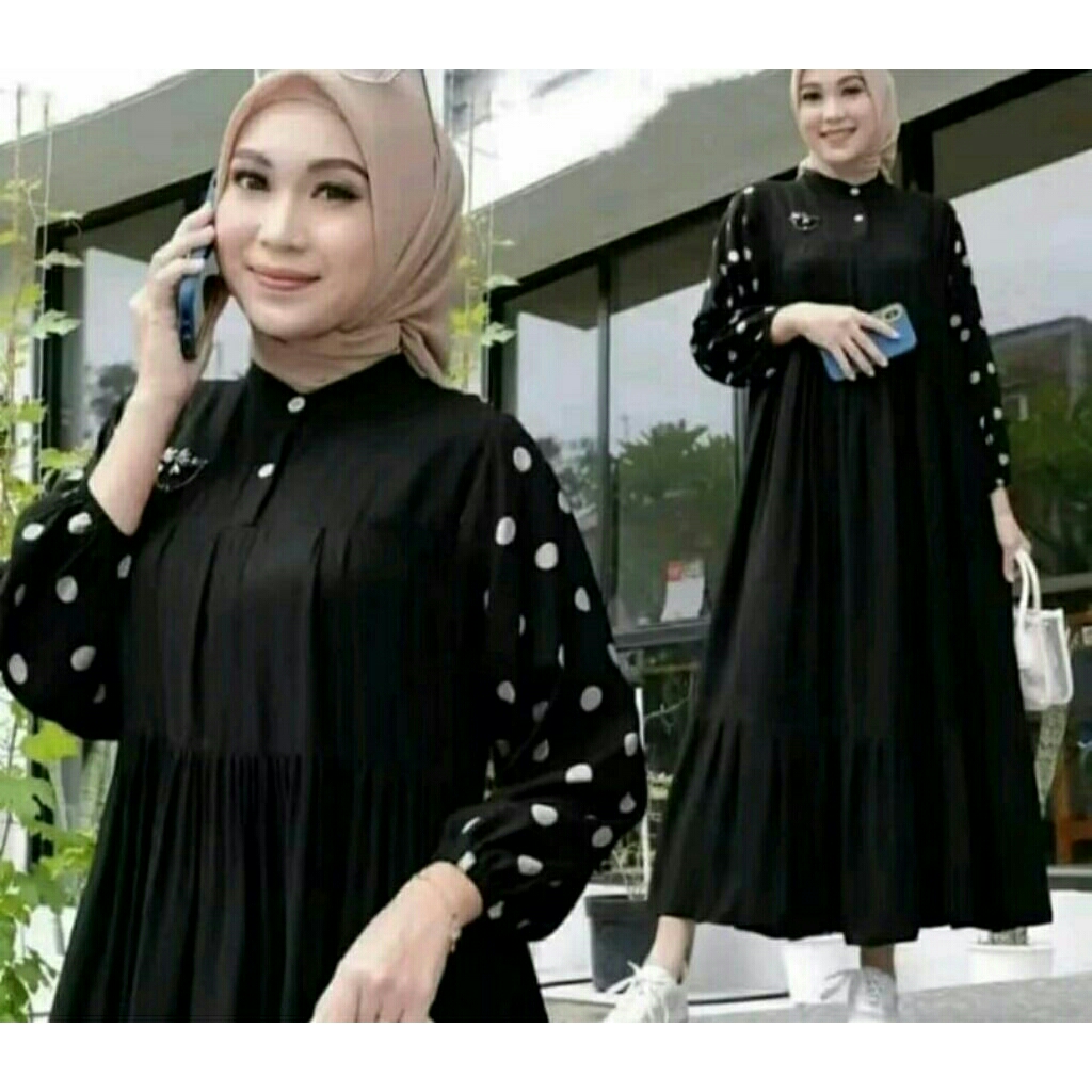 Gamis Polos Kombinasi Motif Polkadot bahan cotton rayon impor