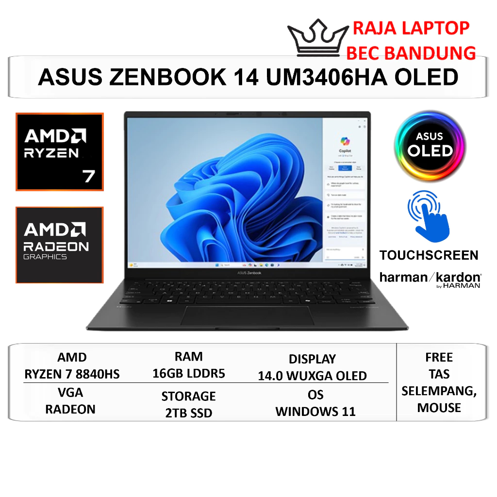 Laptop ASUS ZENBOOK 14 OLED UM3406HA Ryzen 7 8840HS 16GB DDR5 2TB SSD 14 WUXGA OLED Touch Windows 11
