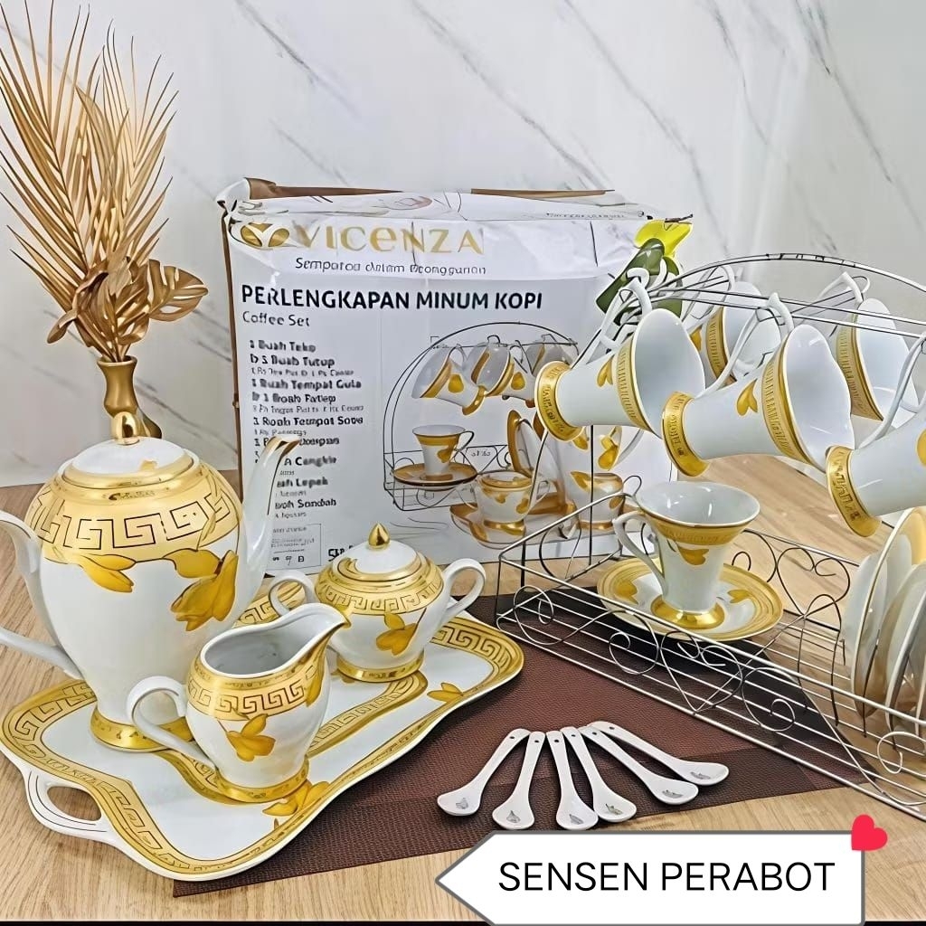( PACKING KAYU) TEKO KOPI/TEH SET CANGKIR RAK GANTUNG KERAMIK VICENZA C-59