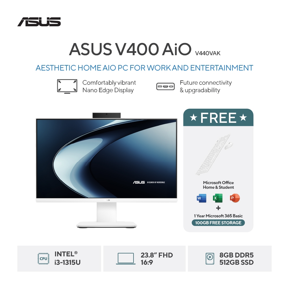 ASUS Buildup PC Aio V440VAK-I3U7W2W-HM I3 1315U 8GB -SSD 512GB -WIN11+OHS+M365 -White