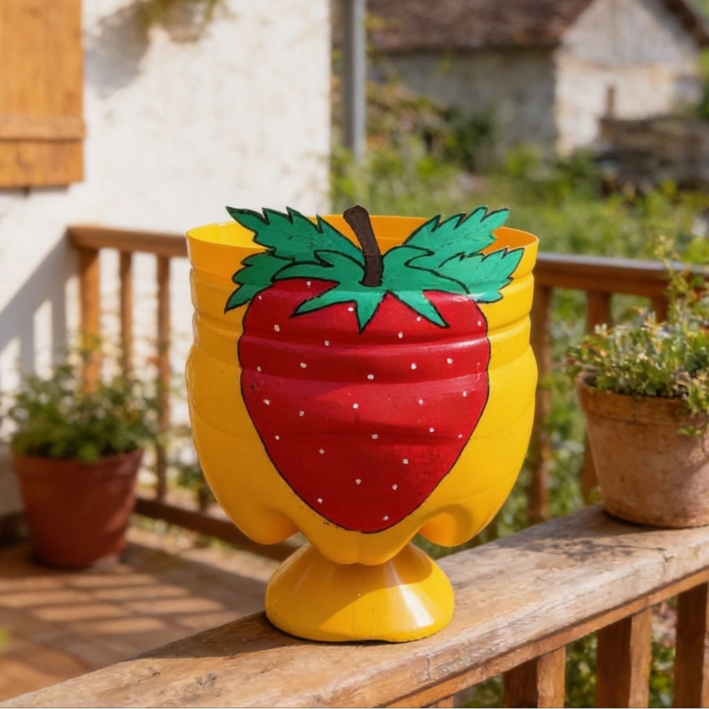 Pot galon motif lukis buah strawberry.