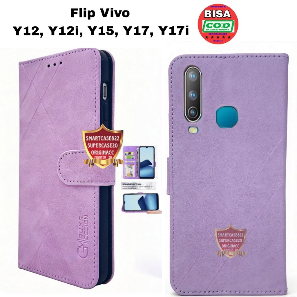 Casing Flip VIVO Y12 Y12i Y15 Y17 Y17i Case Dompet Kulit Macaron Pink Ungu Standing Casing Hp
