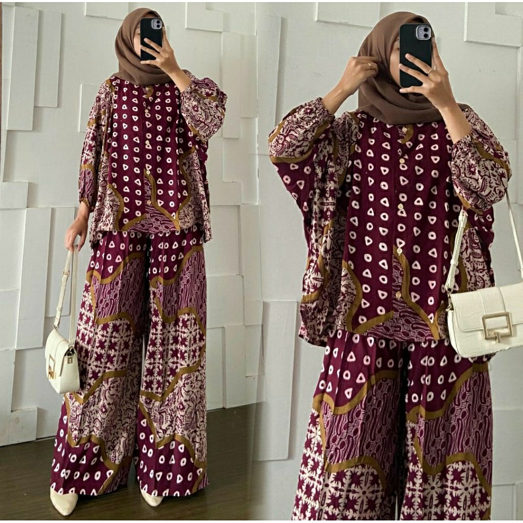 LEMBAYUNG JUMPUTAN Set Blouse Batwing dan Kulot Bahan Rayon Batik Adem One Set Rayon Premium Busui S