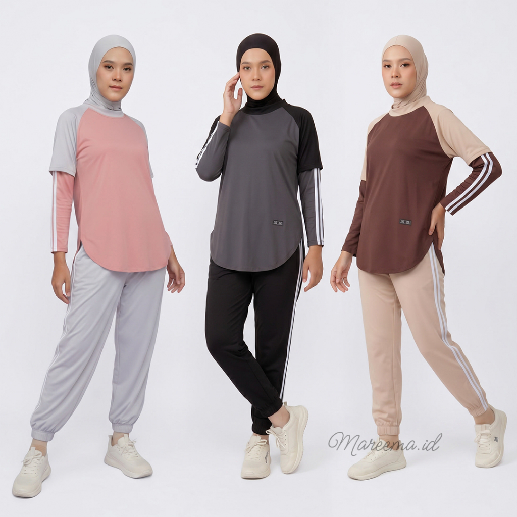 Setelan Baju Olahraga Wanita Muslim 3 In 1 Hijab Baju Celana Jumbo Pakaian Sporty Lari Senam Jogging