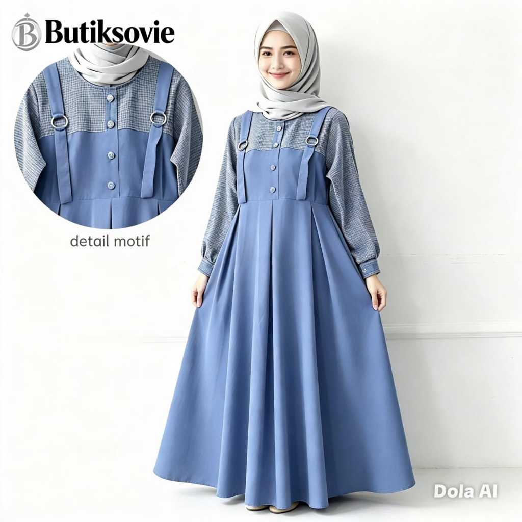 baju lebaran anak 10–12 style korea gamis anank Remaja Dress Overall Kotak mix flanel Crinkle Rempel