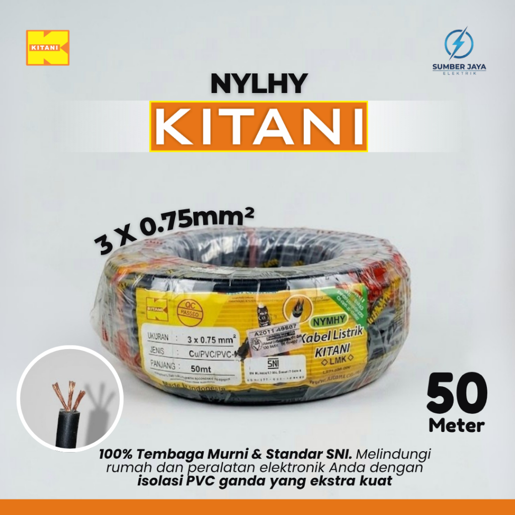 Kabel NYMHY Serabut 3x0.75mm,3x1.5mm,3x2.5mm Kitani 50M