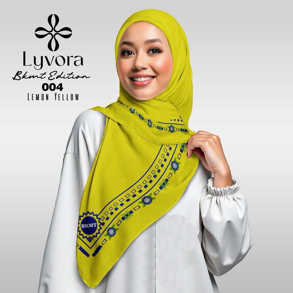 Jilbab BKMT - 004 Kuning - Hijab Voal Premium Lyvora – Segi Empat Adem, Laser Cut, Zipper Bag