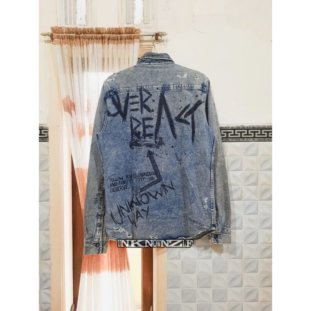 Zara Man Jacket Denim & Denim Overshirt Distressed Graffiti Blue Limited Edition