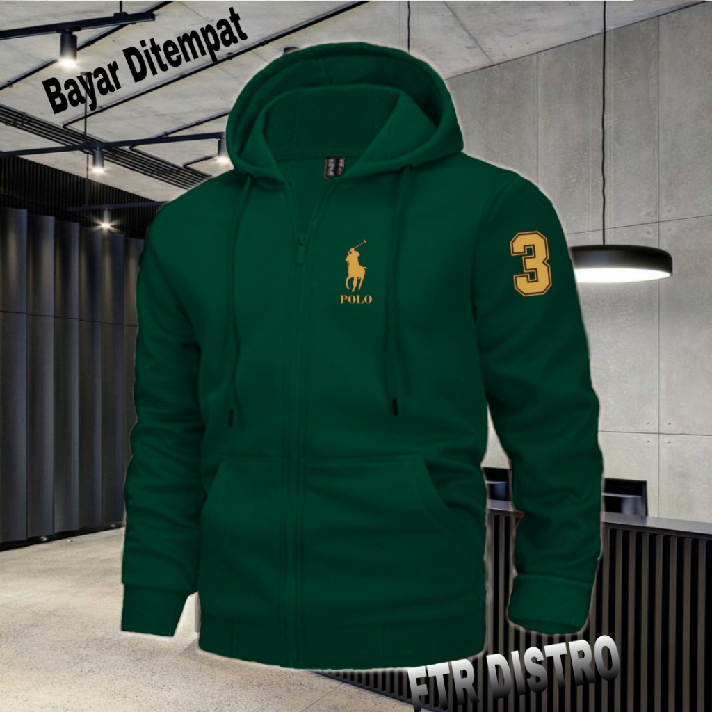 (COD) Jaket Resleting Distro Logo Polo+3 Text Gold Jaket Pria Wanita Terkeren Jaket Denim Distro Kat