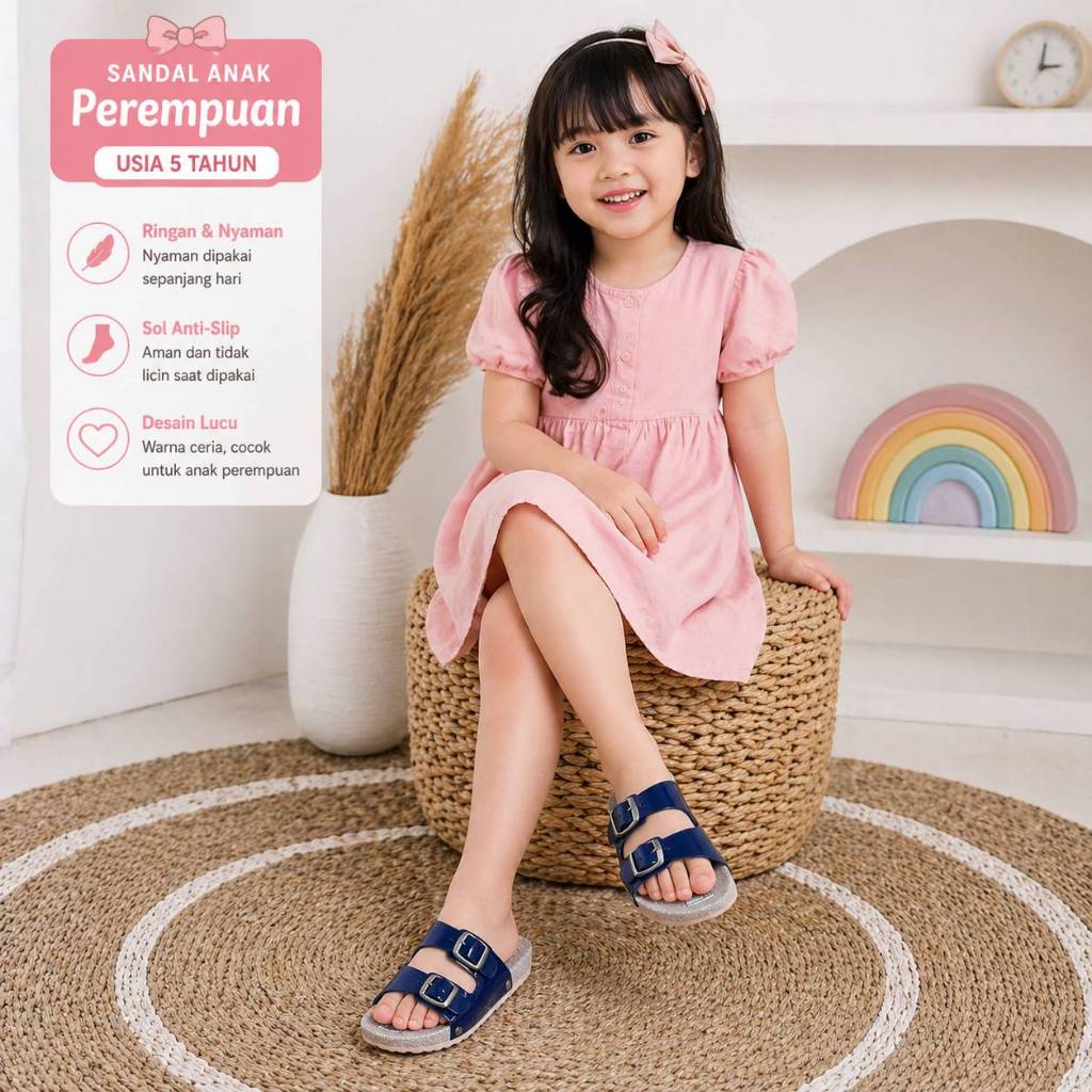 Sandal Anak Perempuan Usia 4 5 6 7 Tahun Size 26 - 33 Alas Karet - Sandal Anak Cewek Tali NAVY Alas 