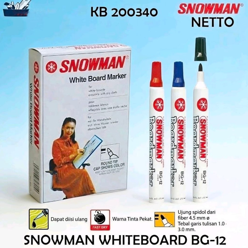 Spidol Whiteboard Snowman – Board Marker (1 Pack Isi 12 Pcs) Tinta Tebal & Jelas