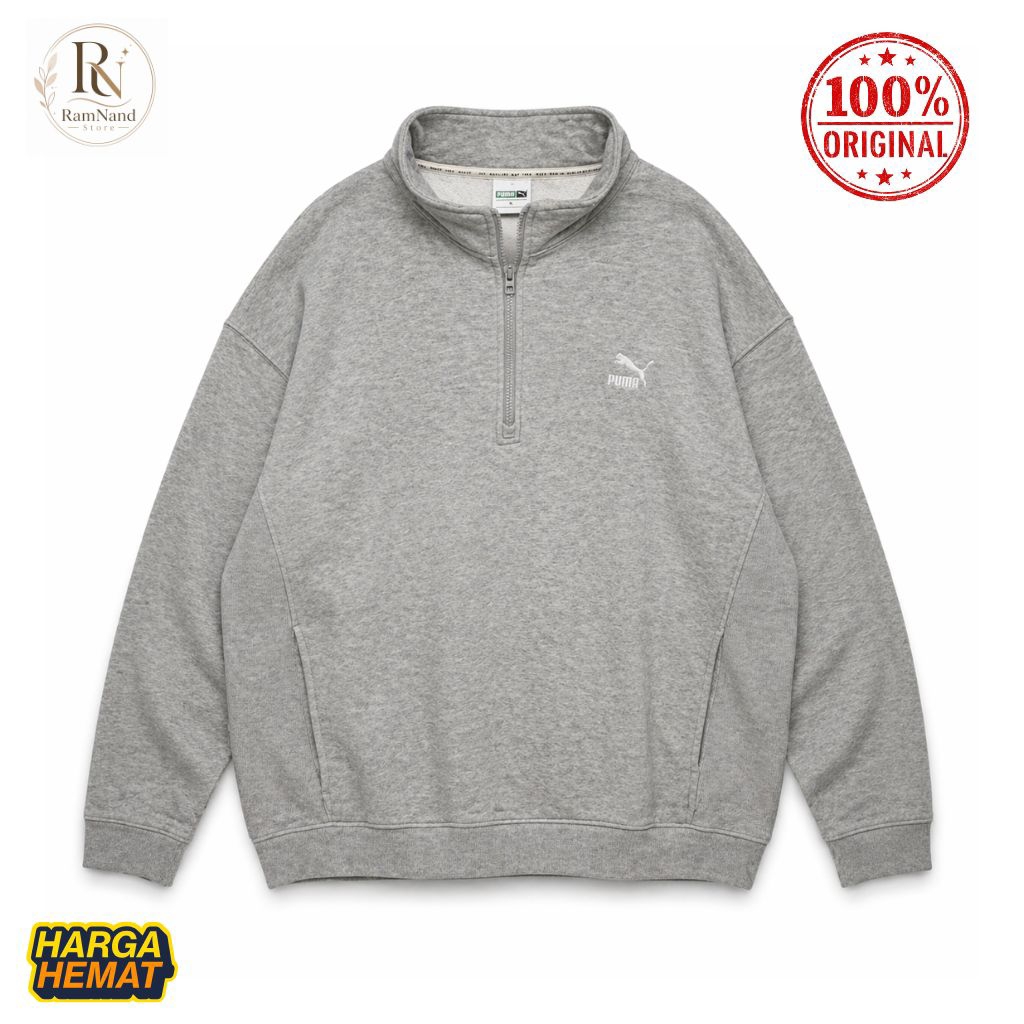 Hoodie Puma Original Half Zip Abu Abu Size XL | Sweater Puma Premium Casual Unisex