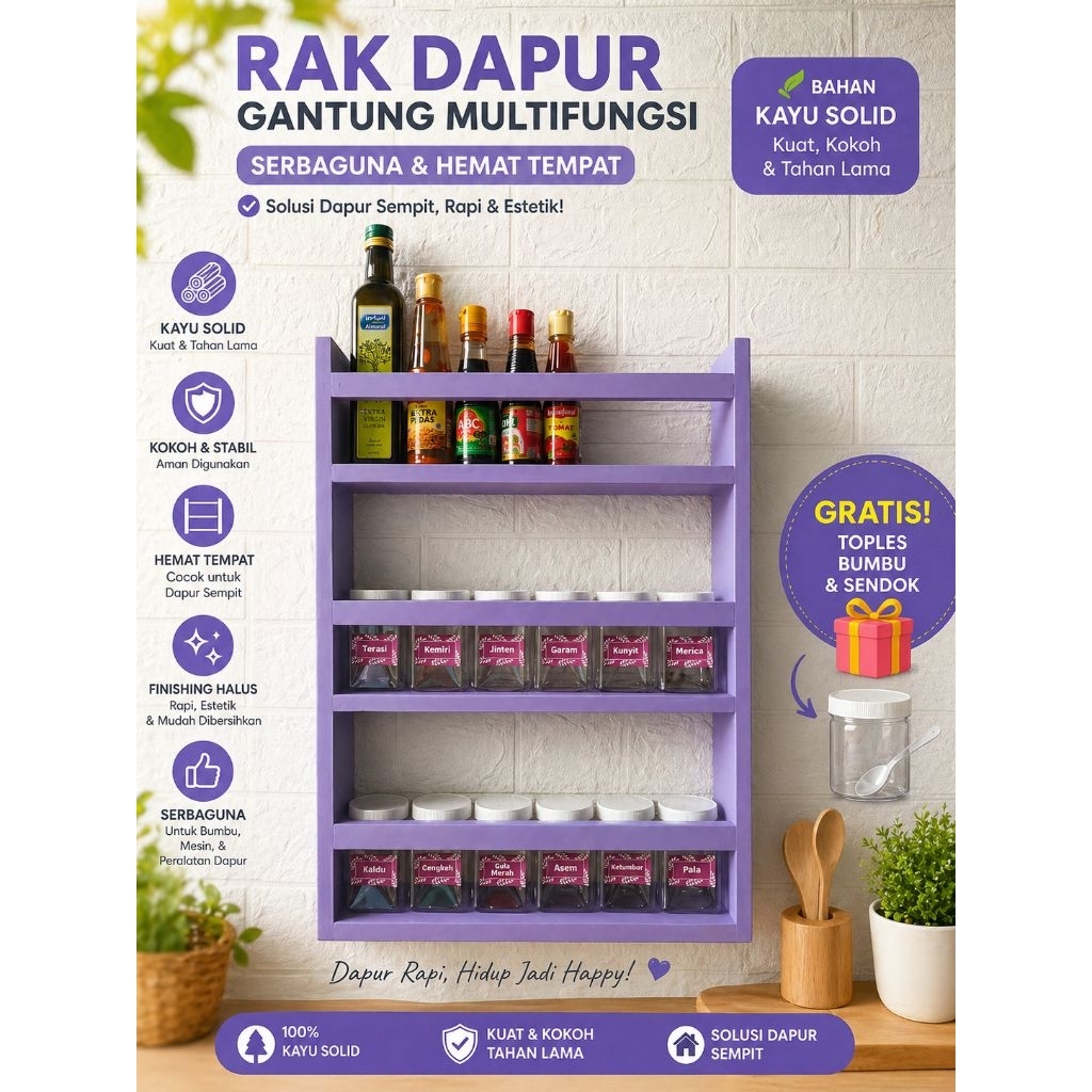 Rak Bumbu Dapur Susun Warna Ungu Toples Ada Stiker Tulisan Nama Bumbu Model Gantung Rak Kayu