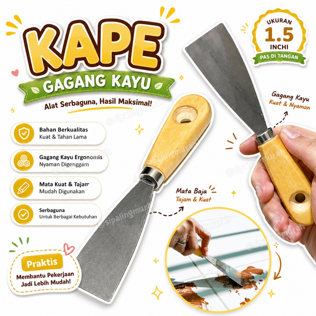 Kape Plat Gagang Kayu 1.5 inch Kape Kayu Scraper Pisau Dempul