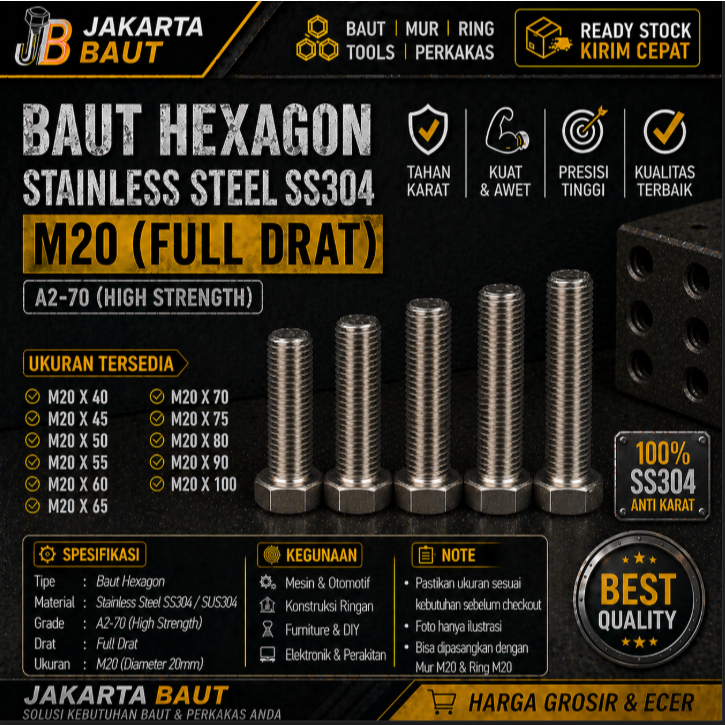 Baut Hex Stainless M20X60 - Baut Hexagon 20X60 / M20 X 60 / 20 X 60  SS304 / SUS304 / A2-70 Full Dra