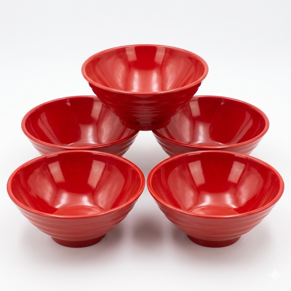 6 Pcs Mangkok Ulir Melamin Extra Tebal 7 Inch Mie Ramen Bakso  Mangkuk Es Buah Anti Pecah Kuat Merah