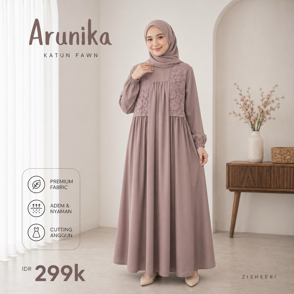 ZISHEERI ARUNIKA FAWN DRESS Gamis Wanita Brukat Custom