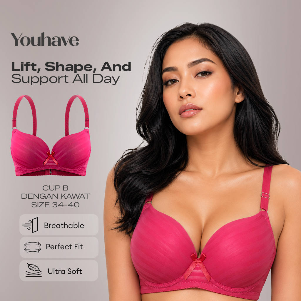 Bra Wanita Berkawat Busa Tipis Motif Garis dengan Pita 3/4 Cup Tali Adjustable Tersedia Warna Coklat