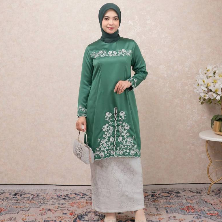 PRILLY BUSANA - Bening Baju Kurung Motif Bordir - Setelan Rok Malaysia Songket - Seragaman Melayu