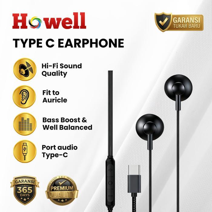 EARPHONE TYPE-C HOWELL HW06 EARPHONE CABLE TYPE C PURE BASS TYPE C EARPHONE MODEL GARANSI 1 TAHUN