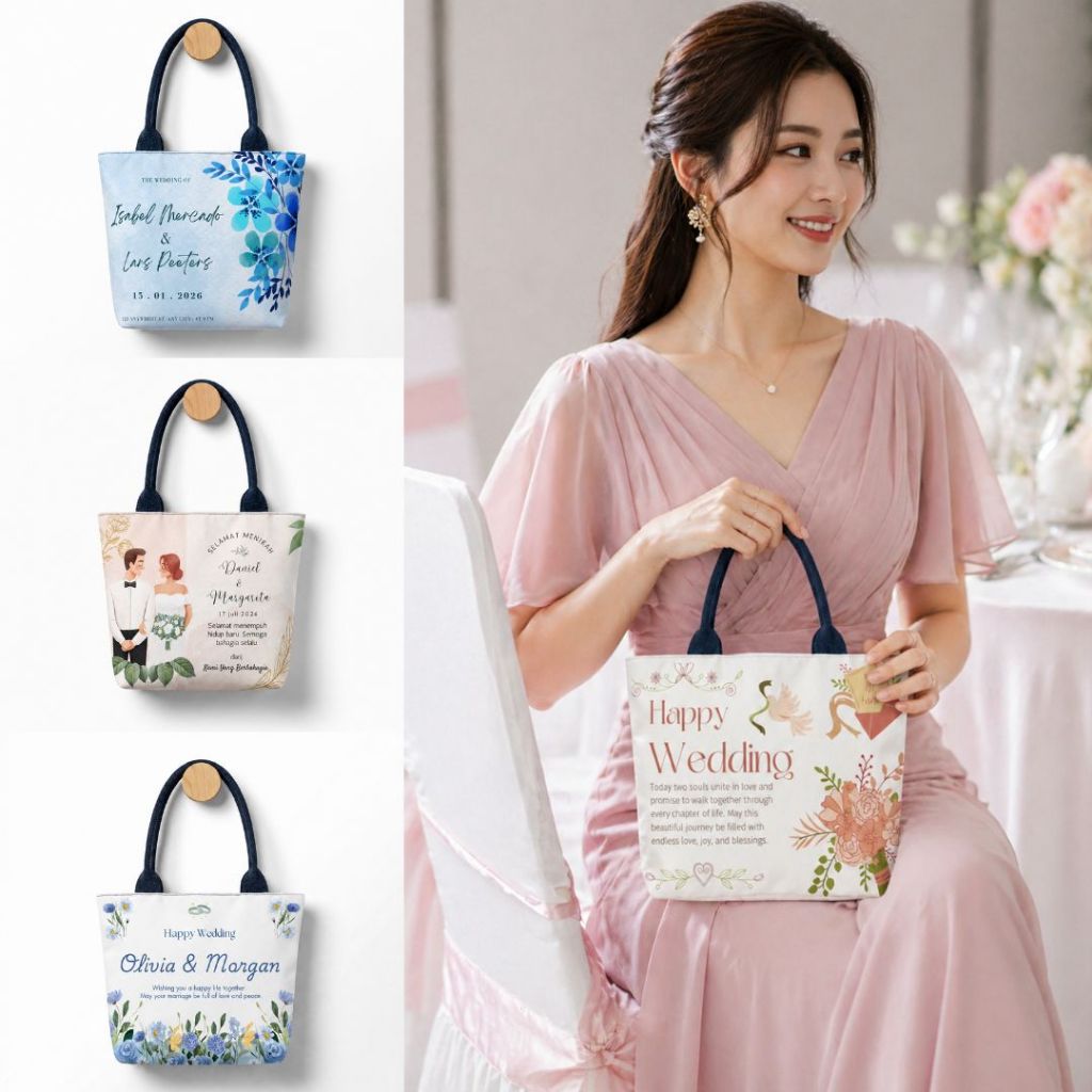 [BISA CUSTOM] Suvenir Pernikahan Unik Bermanfaat | Souvenir Pernikahan Totebag Aesthetic Nama dan De
