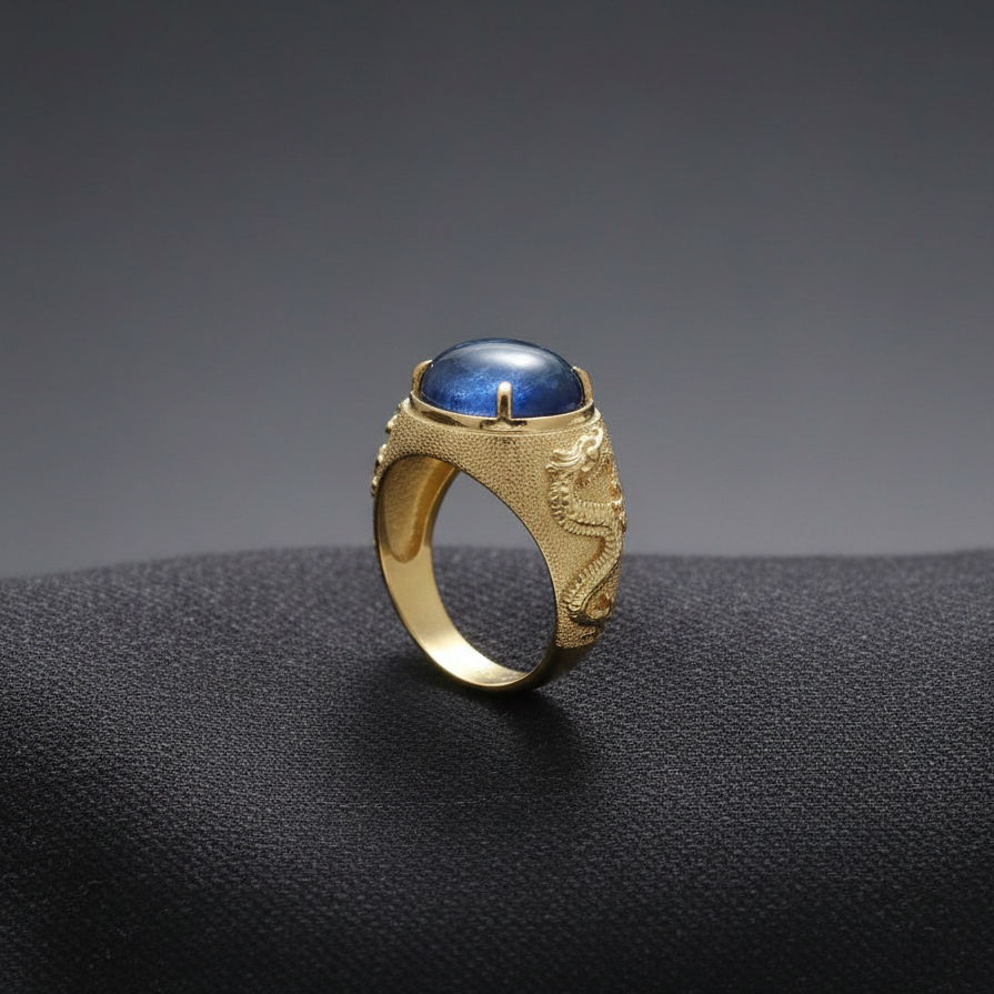 Cincin Pria Batu Safir Biru Ukir Naga – Cincin Batu Blue Sapphire Premium Suasa Lapis Emas Asli Cust