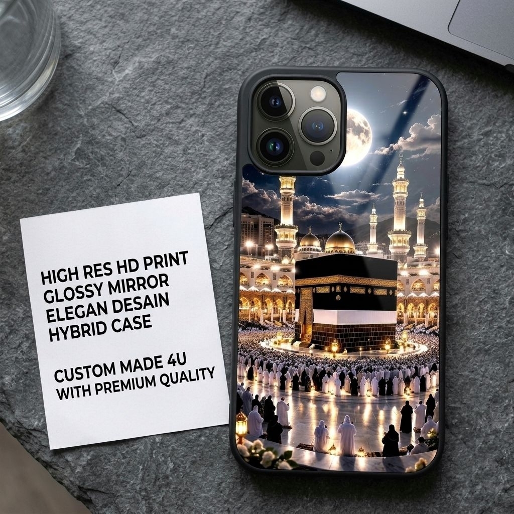 Glossy Case Glass Mewah Ka'bah Mekkah Gratis Tambah Nama Kaligrafi Semua Tipe HP