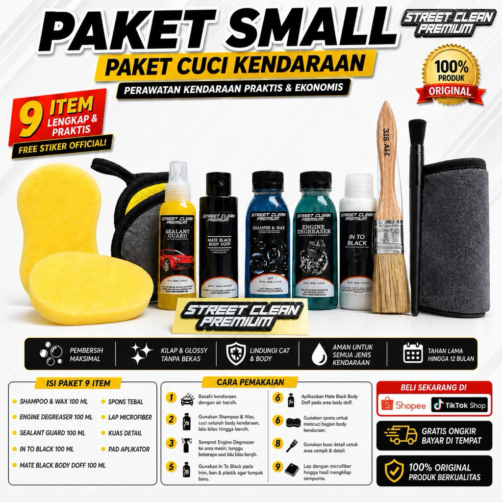 PAKET CUCI LENGKAP KENDARAAN SMALL SHAMPO WAX MOTOR MOBIL PH BALANCE