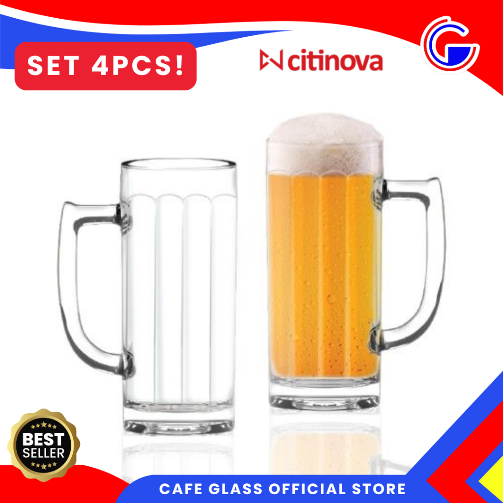 Gelas Bir Kaca Citinova Hannover 575ml Set 4pcs | Mug Beer Kaca Tebal Handle Besar | Gelas Minum Caf