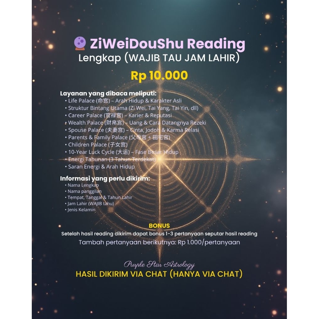 ZiWeiDouShu Reading Lengkap Murah | Wajib Tahu Jam Lahir | Karir, Cinta, Keuangan, Dll