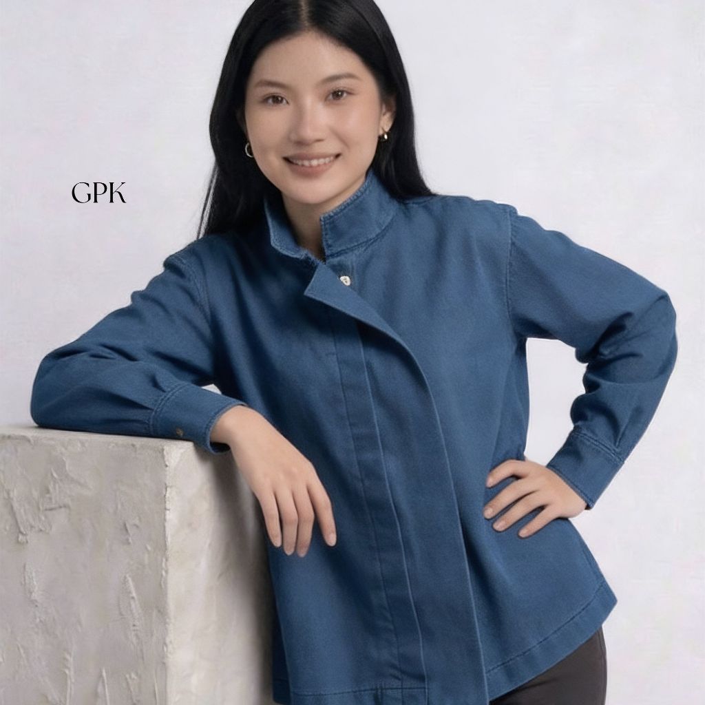 GPK - Atasan Jacket Denim Wanita Kerah Tegak Asimetris Mistyra - Kemeja Jeans Kancing Tersembunyi Pr