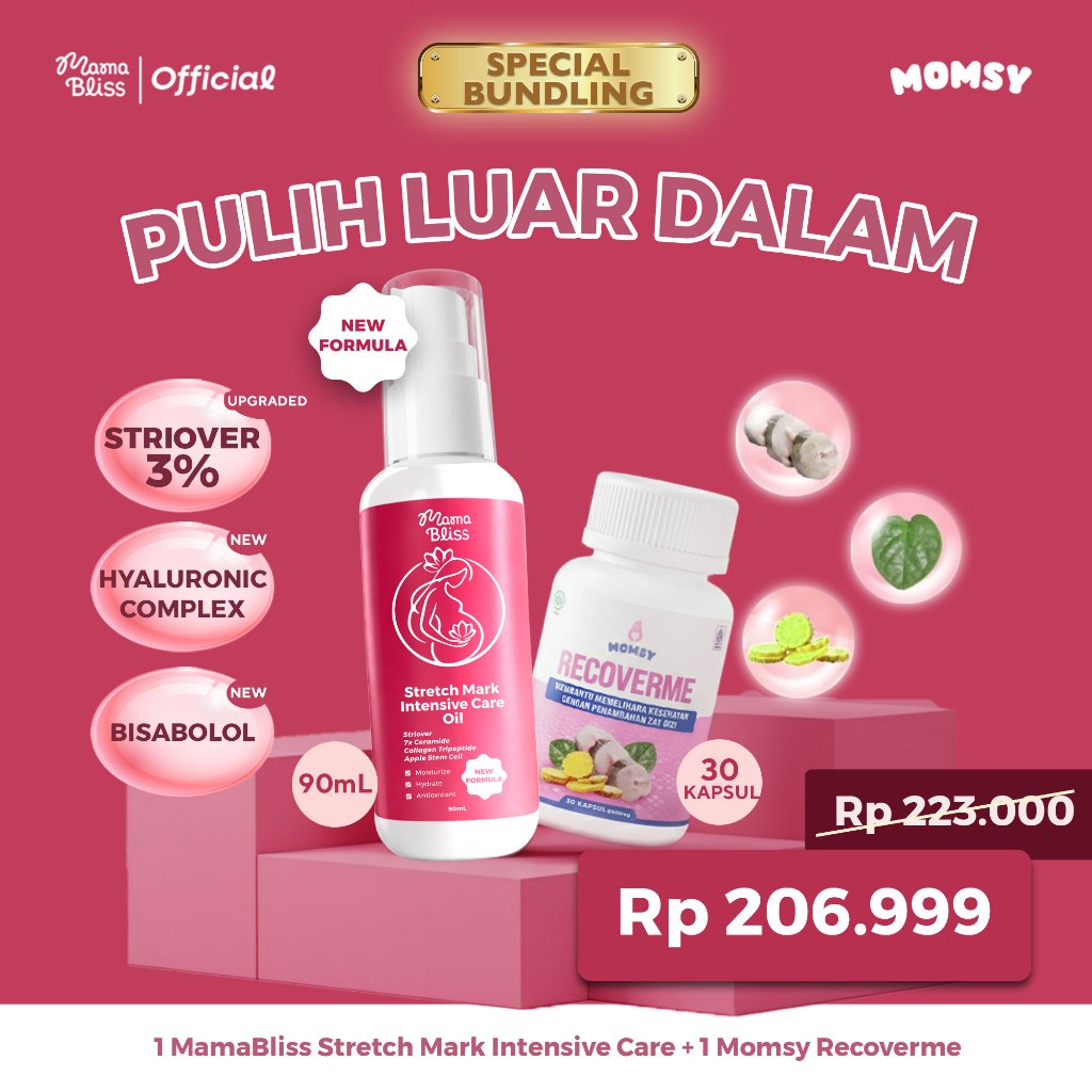 Bundle “Pulih Luar Dalam” MamaBliss Stretch Mark Oil 1 pcs + RECOVERME 30 kapsul - Memudarkan Stretc