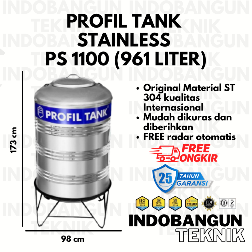 Profil Tank Stainless PS 1100 1000 Liter Toren Tangki Tandon Air Dengan Kaki Murah Garabsu 25 Tahun