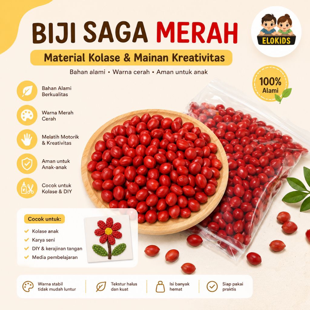 Biji Saga Merah Material Kolase / Media Kolase Anak TK PAUD – Bahan Craft DIY Seni Tempel