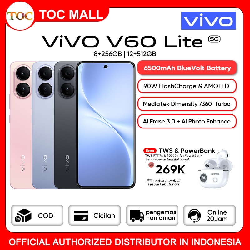 [Vivo official store] Vivo V60 Lite 5G 8/256GB NFC 6500mAh 90W FlashCharge 100% Original HP terbaru