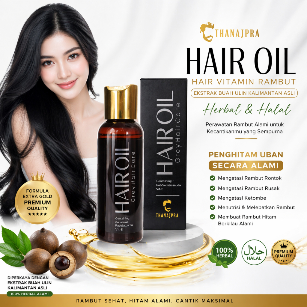 Penghitam uban permanen Thanajpra hair oil perawatan rambut rambut hitam berkilau alami