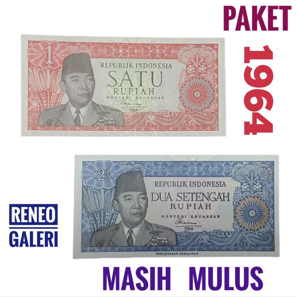 Paket 2 Lembar Seri Sukarno Tahun 1964 presiden Soekarno uang kertas kuno Indonesia lengkap duit Jad