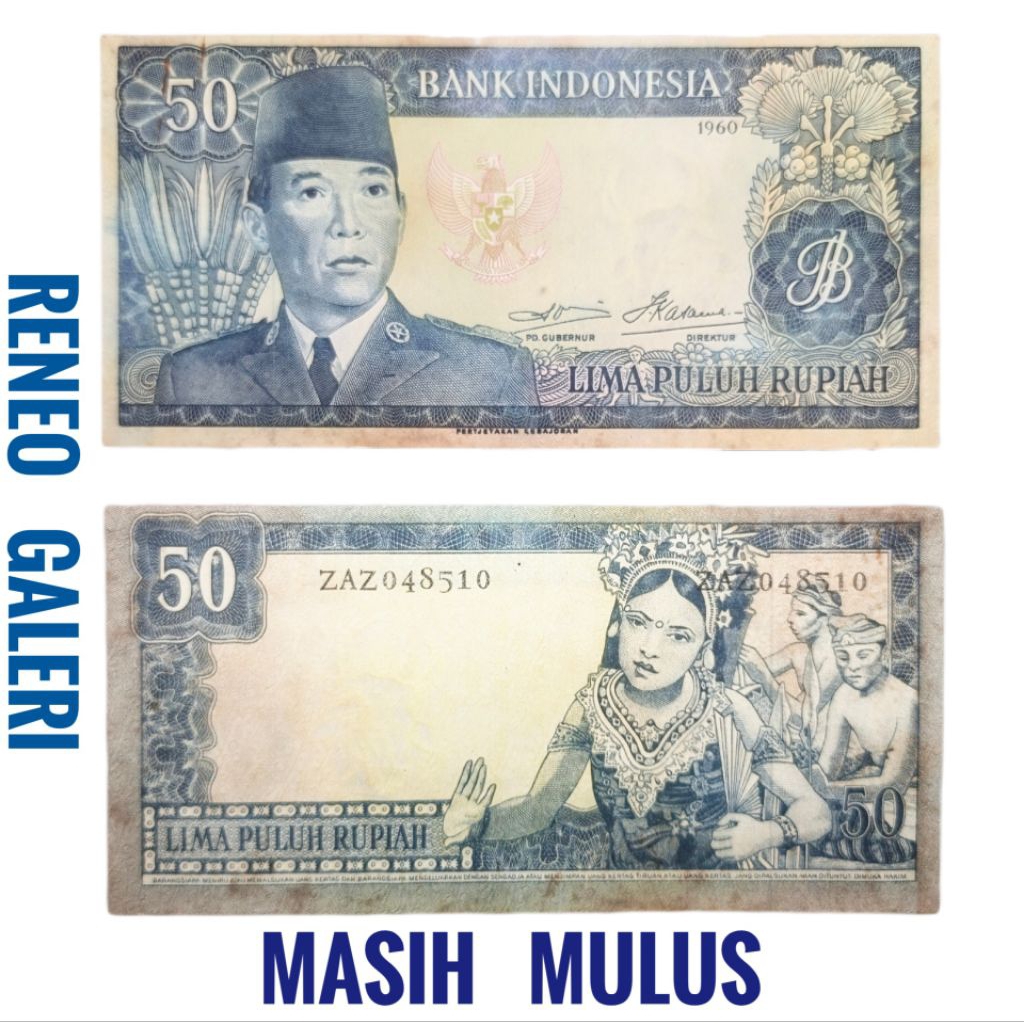 Mulus asli 50 Rupiah Seri Sukarno Tahun 1960 Rp Presiden Soekarno Uang kertas kuno duit lama Indones