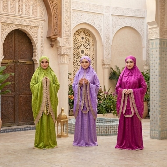 Mukena Satin Jacquard Motif, Renda Besar Mewah, Elegant, Cocok untuk Ibadah & Hadiah Eksklusif